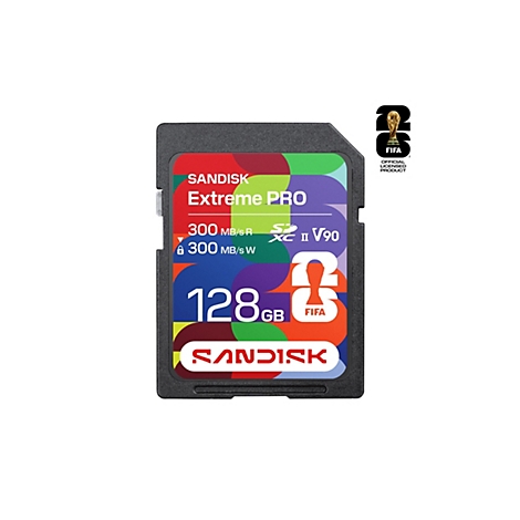 SD-Karte von SanDisk Extreme PRO 128 GB mit FIFA-Logo.