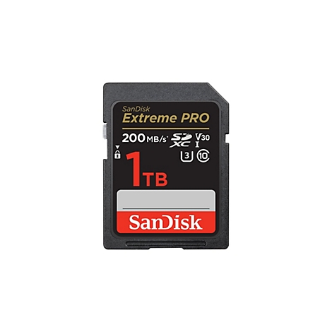 Schwarze SD-Karte mit roter und weißer Aufschrift: SanDisk Extreme PRO 1 TB.