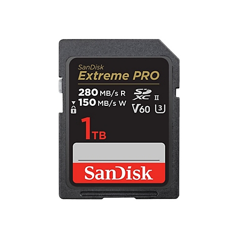 Eine schwarze SanDisk Extreme PRO SD-Karte. Beschriftung: 280 MB/s R, 150 MB/s W, 1 TB. Das SanDisk-Logo ist rot.