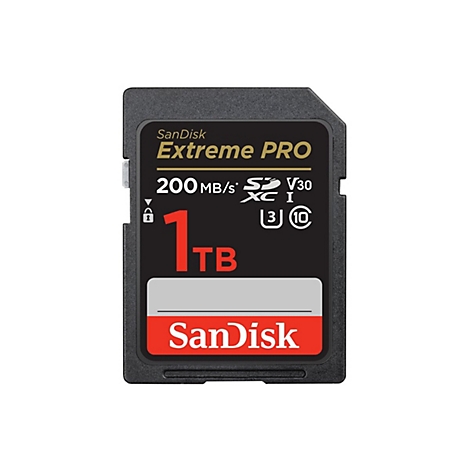 Schwarze Sandisk Extreme Pro SD-Karte, 1 TB. Aufdruck: 200 MB/s, V30, XC I, SanDisk.