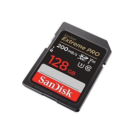 Schwarze Sandisk Extreme PRO SD-Karte, 128 GB, Aufschrift Extreme PRO, 200 MB/s, SDXC, V30, U3. Roter Schriftzug Sandisk.