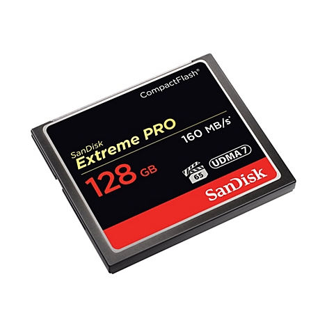 Schwarze CompactFlash-Karte mit Schriftzug 'SanDisk Extreme PRO 128 GB 160 MB/s'. Roter Streifen unten.