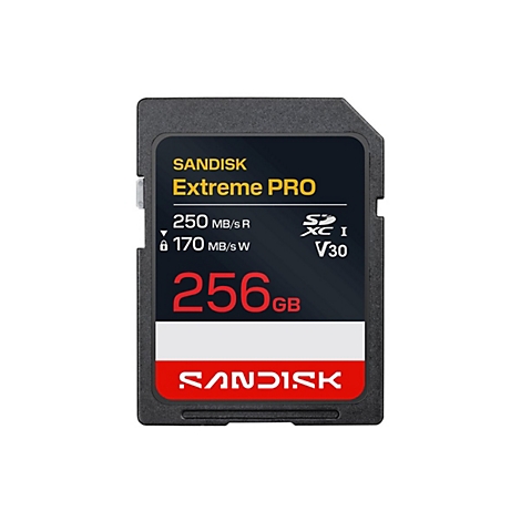 Schwarze Sandisk Extreme PRO SD-Karte, 256 GB, mit Schriftzügen in Gelb und Rot, Details zur Lesegeschwindigkeit.