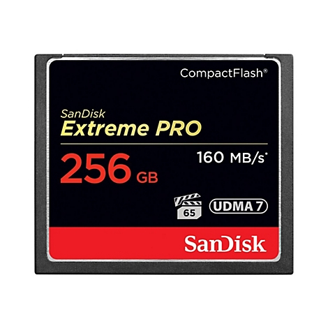 Schwarze CompactFlash-Karte mit rotem und gelbem Schriftzug. Es steht "SanDisk Extreme Pro" und "256 GB" darauf.