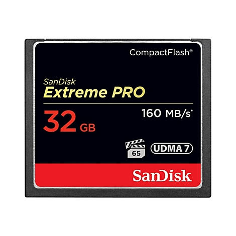 Schwarze CompactFlash-Karte mit roter und gelber Schrift. Aufschrift: Extreme PRO, 32 GB, 160 MB/s, SanDisk.