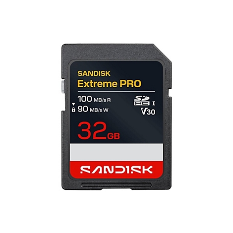 Schwarze Sandisk Extreme Pro SD-Karte mit gelber und weißer Beschriftung, rote 32GB.