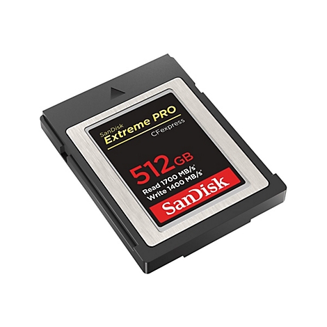 Schwarze CFexpress Speicherkarte von SanDisk, 512 GB, Schriftzüge: Extreme PRO, Lesen 1700 MB/s, Schreiben 1400 MB/s.
