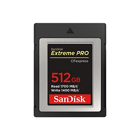 Schwarze CFexpress-Karte mit silberner Mitte, Schriftzug 'SanDisk Extreme PRO' und '512GB'.
