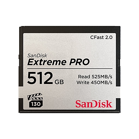 SanDisk Extreme PRO CFast 2.0 Speicherkarte. 512 GB Kapazität. Beschriftungen: 525MB/s lesen, 450MB/s schreiben. Filmklappe mit 130.