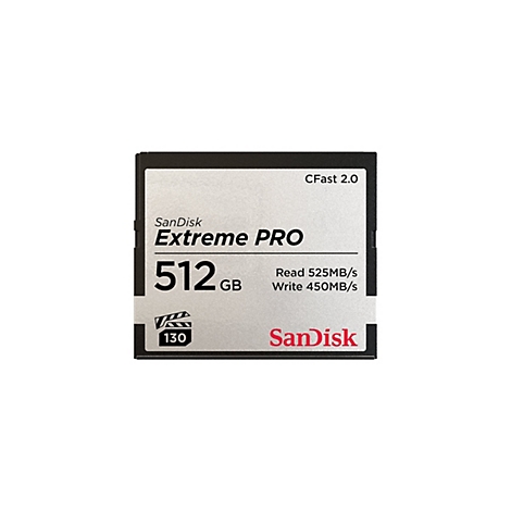 Eine CFast-Speicherkarte von SanDisk, Extreme PRO, 512 GB. Aufschrift: 525MB/s Lesen, 450MB/s Schreiben.