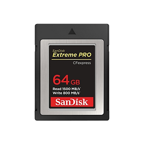 Schwarze CFexpress-Speicherkarte von SanDisk, beschriftet mit Extreme PRO, 64 GB, 1500 MB/s Lesen und 800 MB/s Schreiben.
