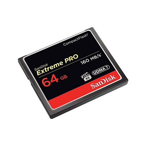 Schwarze CompactFlash Speicherkarte von SanDisk. Aufschrift: Extreme PRO, 64 GB, 160 MB/s. Roter Akzent am unteren Rand.