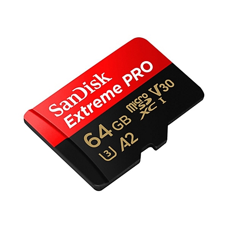 SD-Karte von Sandisk Extreme Pro, 64 GB, rot/schwarz. Aufschrift: Micro SDXC, V30, A2.