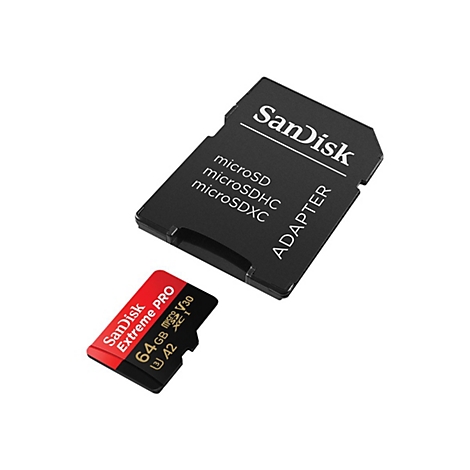 Eine SanDisk Extreme PRO 64 GB microSD-Karte und Adapter vor weißem Hintergrund. Der Adapter ist schwarz mit weißem Schriftzug, die Karte rot-schwarz.