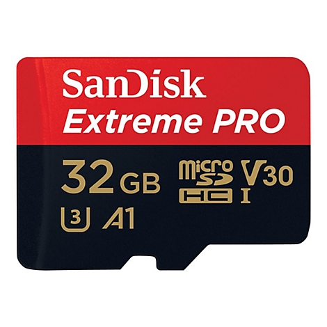 SanDisk Extreme Pro Speicherkarte, rot-schwarz, 32 GB. Schriftzug: Extreme Pro, 32 GB, microSD, V30, A1.