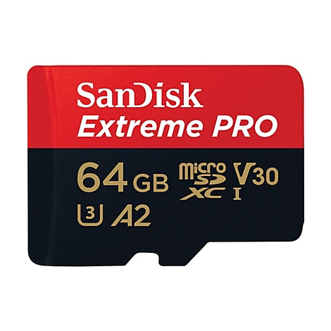 SanDisk Extreme PRO microSDXC Karte. Schwarz, Rot, mit weißen Schriftzügen. 64 GB, V30, A2.
