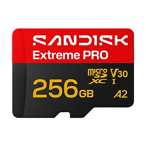 SanDisk Extreme PRO microSDXC Karte. Schwarz, rot und goldfarben, 256 GB, V30, A2.