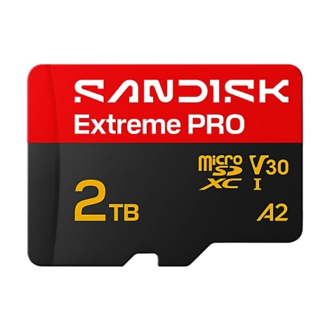 SD-Karte von SanDisk Extreme Pro. Rot-schwarzes Design, Schriftzug: 2 TB, Micro SD, V30, A2.