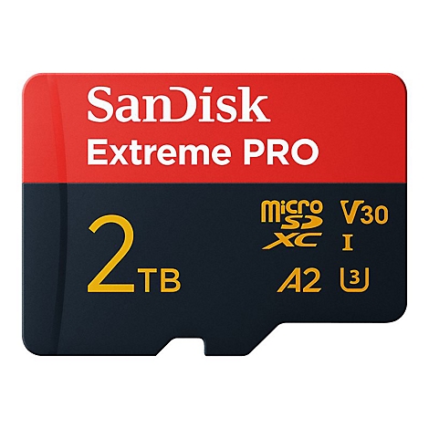 SanDisk Extreme PRO microSDXC Karte. Rot-schwarzes Design, 2TB, Logos und Schriftzüge.
