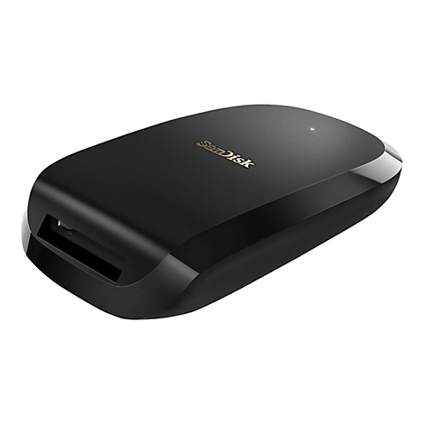 Schwarzes SanDisk-Gerät, ovale Form, silberner Rand. Das Logo "SanDisk" ist auf dem Gerät abgebildet.