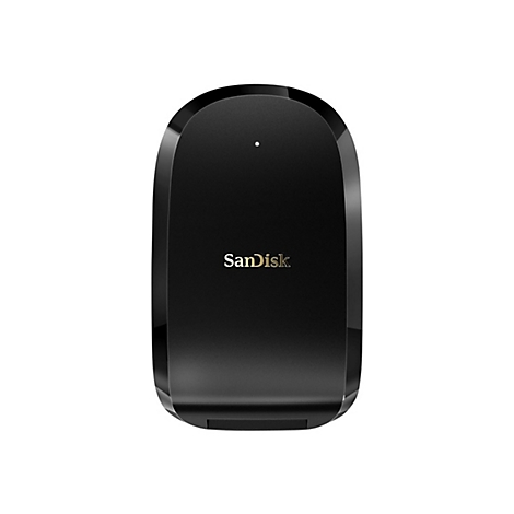 Schwarzes SanDisk-Kartenlesegerät. Oben ein kleines Licht, goldener Schriftzug SanDisk.