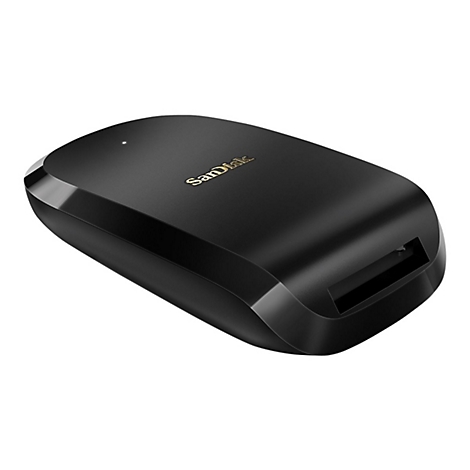Lecteur de cartes SanDisk noir. Texte SanDisk dorÃ©. Fente latÃ©rale.