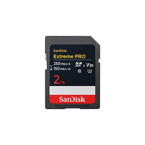 Une carte SD SanDisk Extreme PRO noire. La carte affiche des informations sur la capacité de stockage et la vitesse.