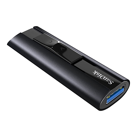 Schwarzer USB-Stick von SanDisk, mit blauem USB-Anschluss. Auf dem Stick steht "SanDisk".