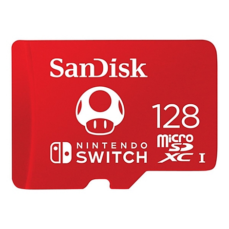 Rote SanDisk Micro-SD-Karte für Nintendo Switch, mit Mario-Pilz-Logo und Aufschrift 128GB.