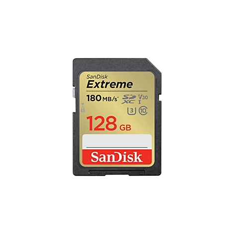 Eine schwarze SanDisk Extreme SD-Karte mit goldener Mitte und roter Schrift: 128 GB.