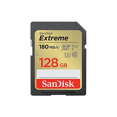SanDisk Extreme SD-Karte. Schwarzer Rahmen, goldene Karte mit weißem Feld. Schriftzug: Extreme, 128GB, 180MB/s, SanDisk.