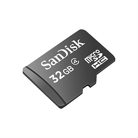 Schwarze SanDisk microSD-Karte, 32 GB, mit weiÃŸer Schrift auf weiÃŸem Hintergrund. MicroSD- und HD-Logo.