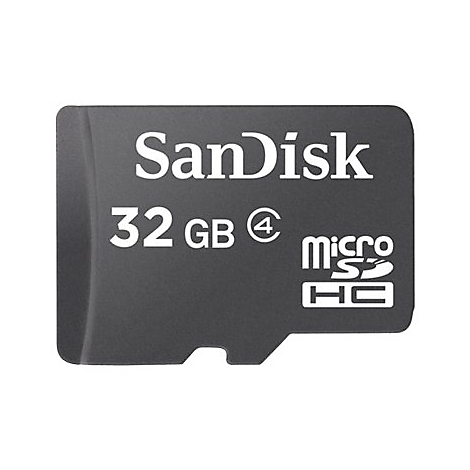 Schwarze SanDisk Micro-SD-Karte mit weiÃŸer Schrift: SanDisk, 32 GB, Micro SDHC.