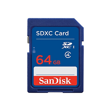 Blaue SDXC-Karte, 64 GB, SanDisk, vor weißem Hintergrund. Schriftzüge: SDXC Card, S XCI, 4, 64 GB, SanDisk.