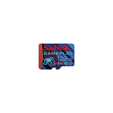 Eine SanDisk Speicherkarte, rot und blau, mit "SanDisk Gameplay 128GB" und einer Controller-Illustration.