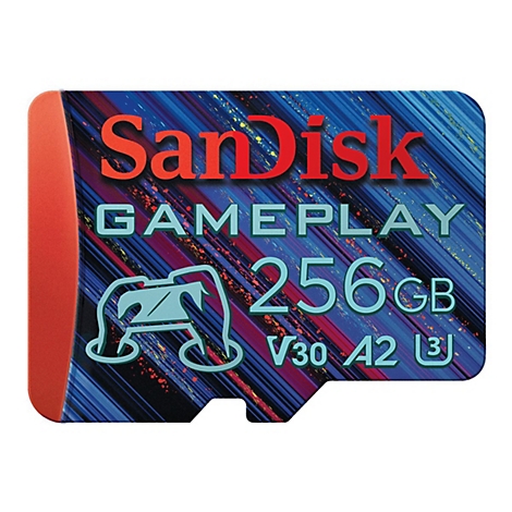 SanDisk-Speicherkarte mit 256GB, blaues Design mit roten und orangen Akzenten. Beschriftet mit "Gameplay".