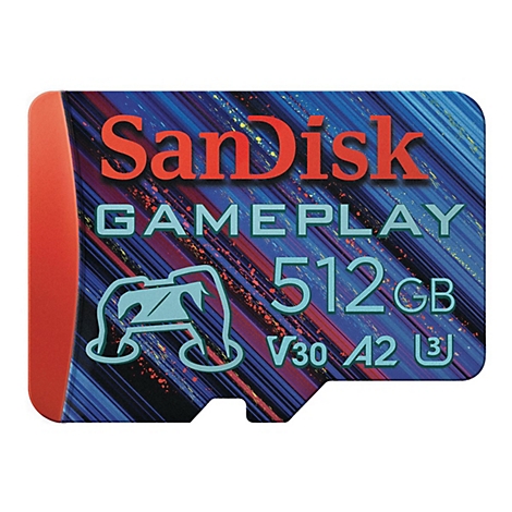 SanDisk-Speicherkarte mit 512GB, Gameplay-Logo, roter und blauer Hintergrund. Orangefarbener Streifen links.