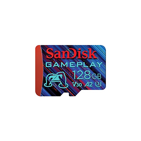 Carte mémoire SanDisk 128 Go, design bleu et rouge. Le texte "SanDisk GAMEPLAY" et un symbole de manette sont visibles.