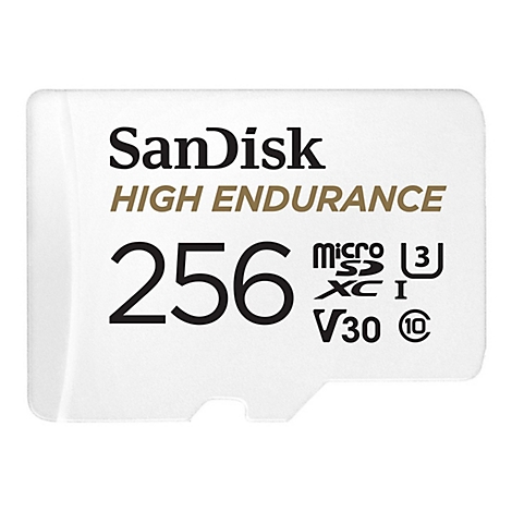 Gros plan d'une carte MicroSD SanDisk blanche. L'inscription "SanDisk HIGH ENDURANCE 256" est clairement visible, ainsi que d'autres spécifications techniques.