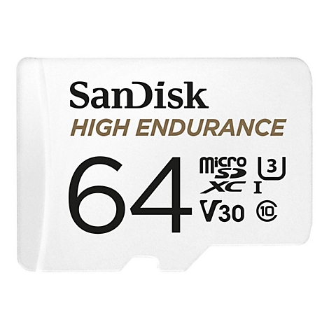 Gros plan sur une carte MicroSD SanDisk blanche avec lettrage noir, avec "64", "High Endurance".