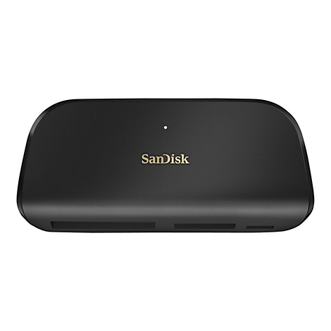 Schwarzes SanDisk-Kartenlesegerät mit goldfarbenem Schriftzug auf weißem Hintergrund.