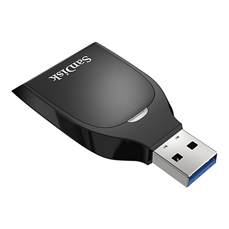 Schwarzer Kartenleser mit 'SanDisk'-Logo, USB-Anschluss.