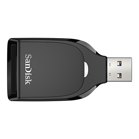 Schwarzer USB-Stick von SanDisk, auf weißem Hintergrund.