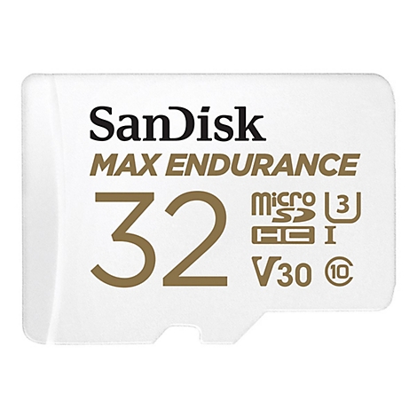 Carte microSD SanDisk blanche. Inscription : SanDisk MAX ENDURANCE, 32, Micro-SD, V30.
