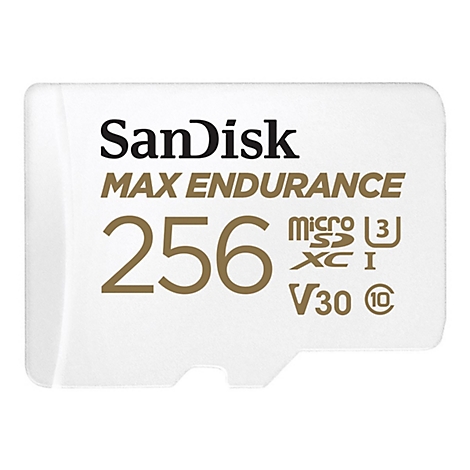 Weiße SanDisk microSD-Karte mit schwarzen und braunen Schriftzügen: SanDisk, MAX ENDURANCE, 256, micro, V30.