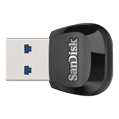 Nahaufnahme eines schwarzen USB-Sticks mit dem Schriftzug "SanDisk".