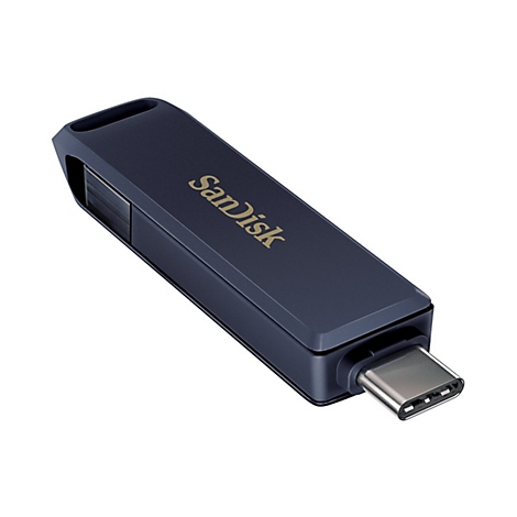 Clé USB SanDisk bleu foncé, montrant le connecteur USB-C.