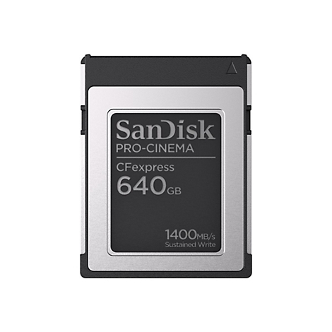 Speicherkarte von SanDisk Pro-Cinema. Aufschrift: 640GB, CFexpress, 1400MB/s.