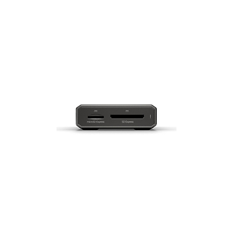 Ein grauer Kartenleser vor weißem Hintergrund. Beschriftet mit microSD Express und SD Express.