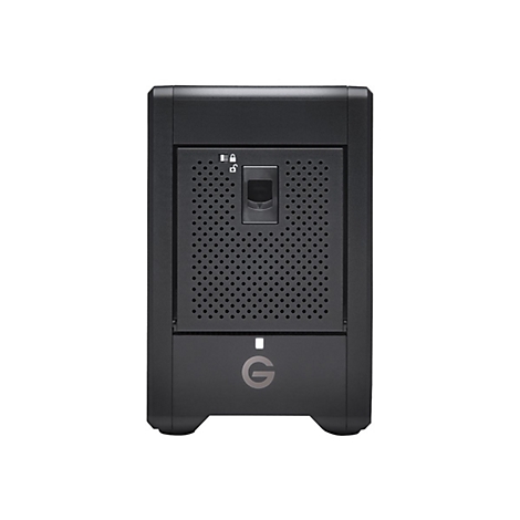 Schwarzes externes Festplattengehäuse mit perforierter Front und G-Logo. Oben Leuchte und Schloss-Symbol.